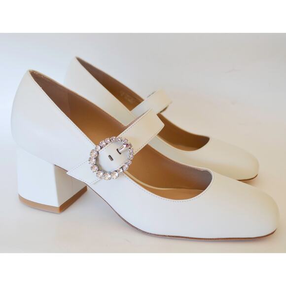 Stuart Weitzman Sloane White Calfskin Mary Jane Pumps - Picture 2 of 8